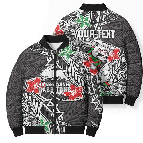 Personalised South Sydney Rabbitohs Bomber Puffer Jacket Polynesian Tribal Pattern With Rugby Rabbit Mascot Art