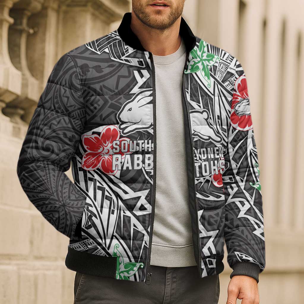 Personalised South Sydney Rabbitohs Bomber Puffer Jacket Polynesian Tribal Pattern With Rugby Rabbit Mascot Art