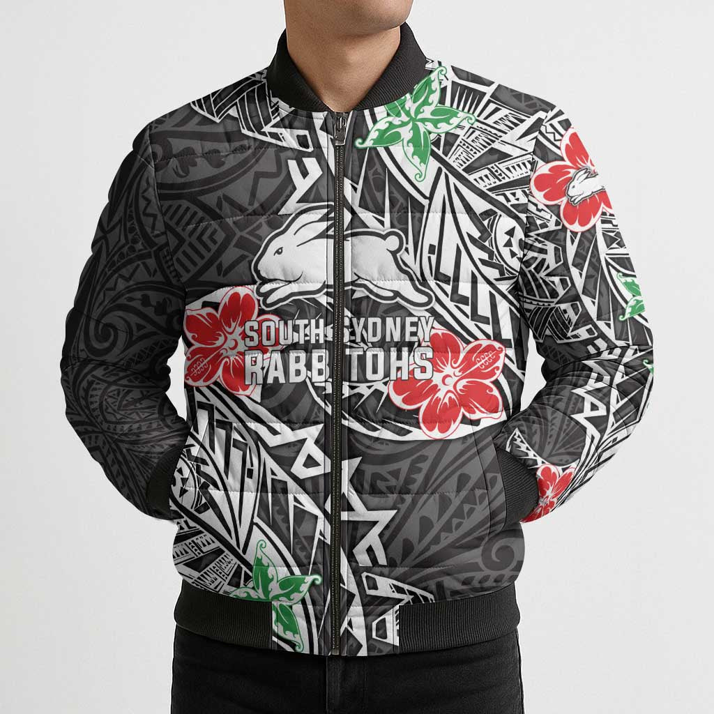 Personalised South Sydney Rabbitohs Bomber Puffer Jacket Polynesian Tribal Pattern With Rugby Rabbit Mascot Art