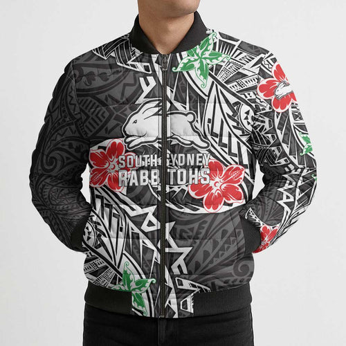 Personalised South Sydney Rabbitohs Bomber Puffer Jacket Polynesian Tribal Pattern With Rugby Rabbit Mascot Art