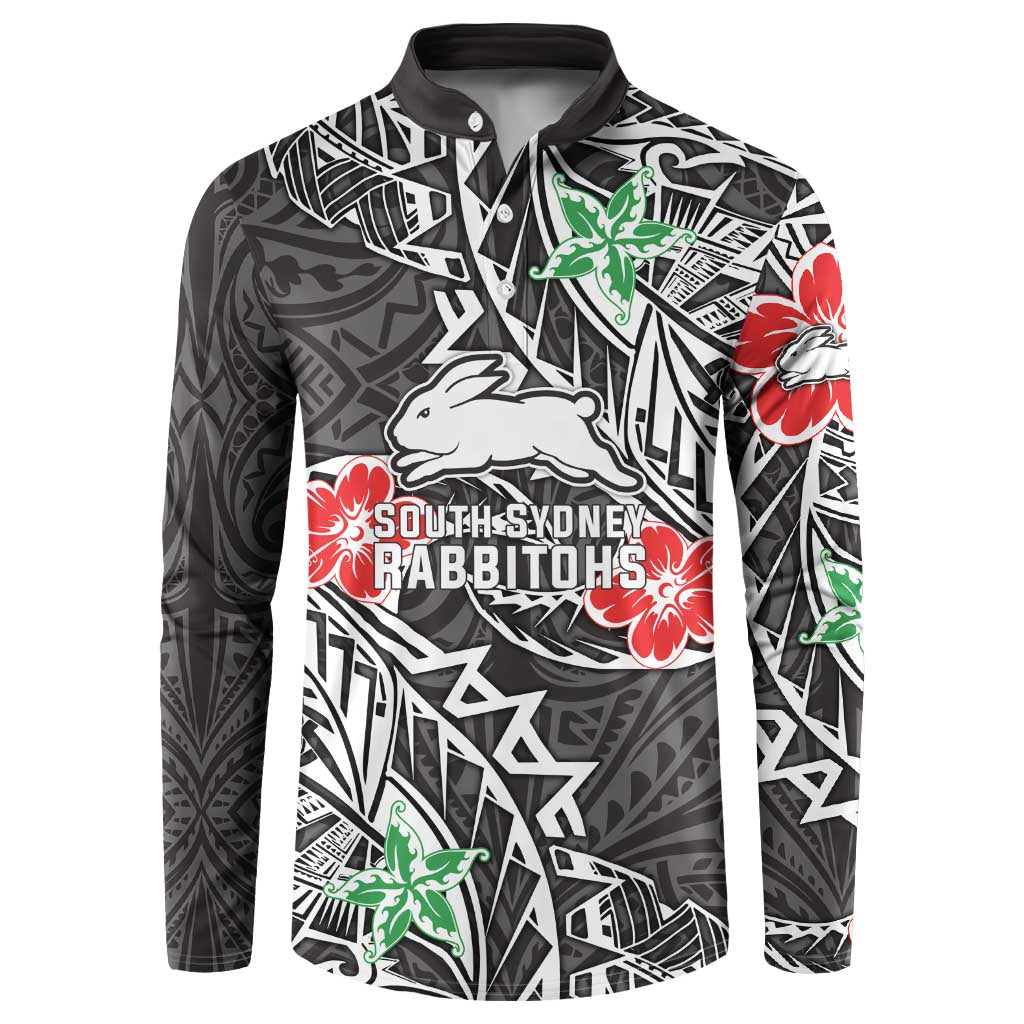 Personalised South Sydney Rabbitohs Button Sweatshirt Polynesian Tribal Pattern With Rugby Rabbit Mascot Art