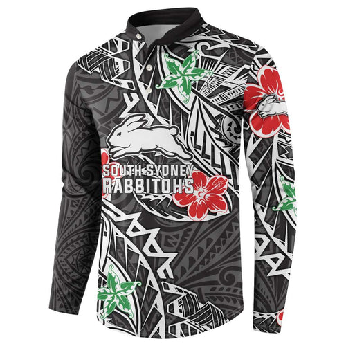 Personalised South Sydney Rabbitohs Button Sweatshirt Polynesian Tribal Pattern With Rugby Rabbit Mascot Art