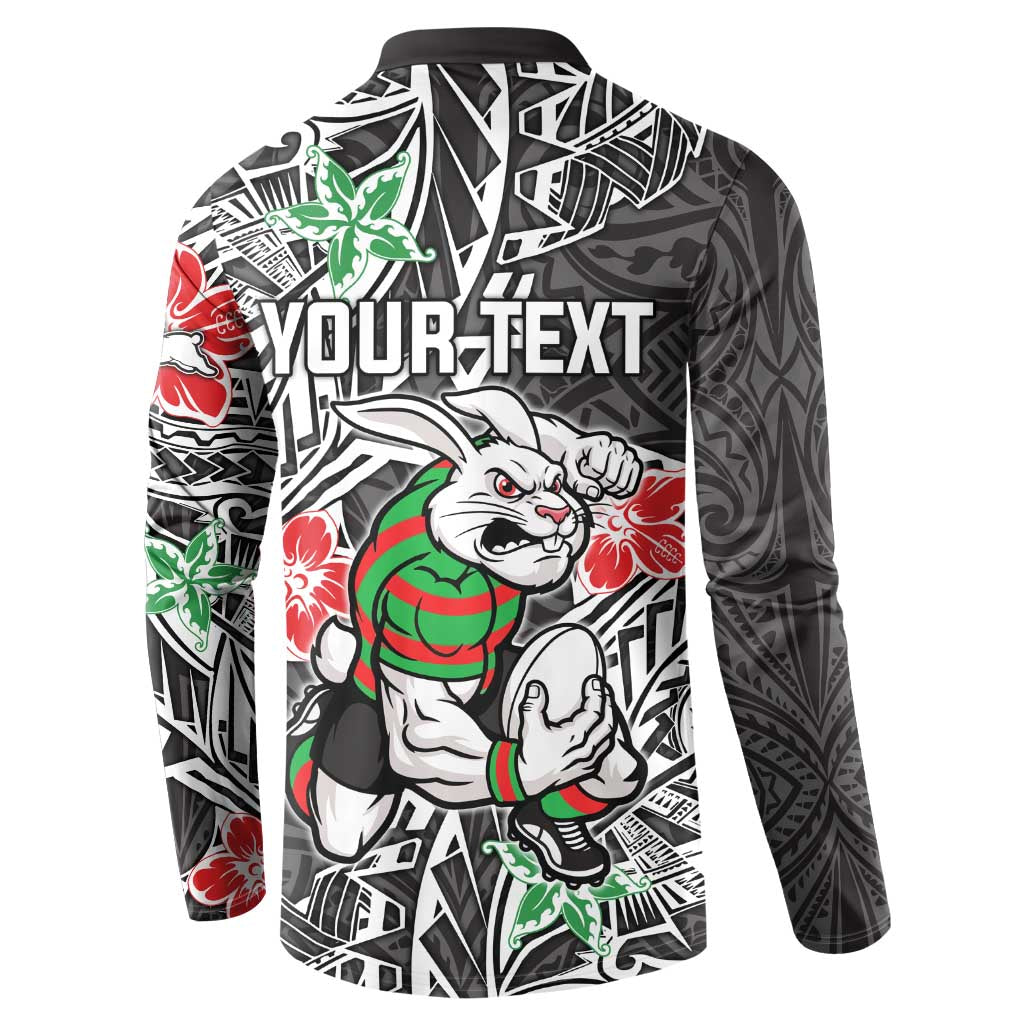 Personalised South Sydney Rabbitohs Button Sweatshirt Polynesian Tribal Pattern With Rugby Rabbit Mascot Art