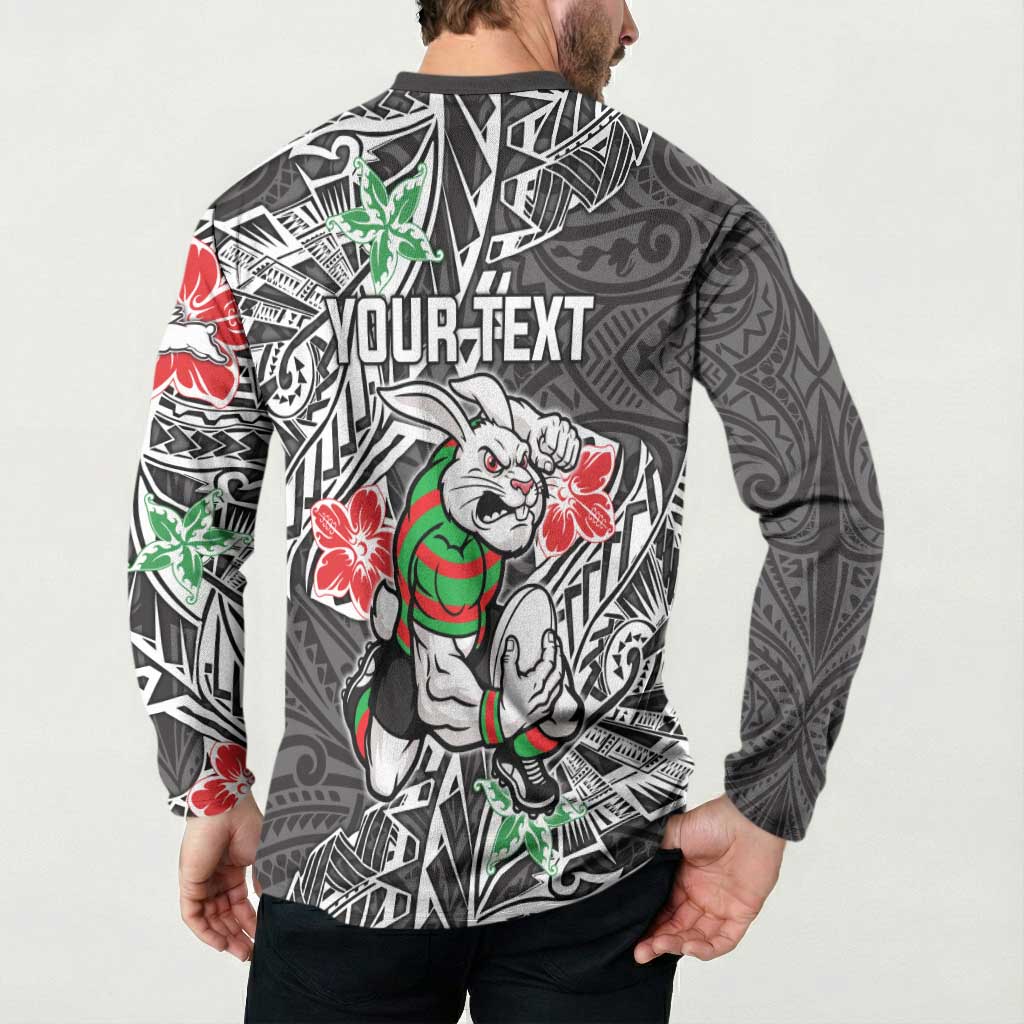 Personalised South Sydney Rabbitohs Button Sweatshirt Polynesian Tribal Pattern With Rugby Rabbit Mascot Art