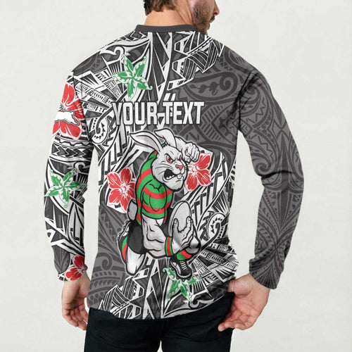 Personalised South Sydney Rabbitohs Button Sweatshirt Polynesian Tribal Pattern With Rugby Rabbit Mascot Art
