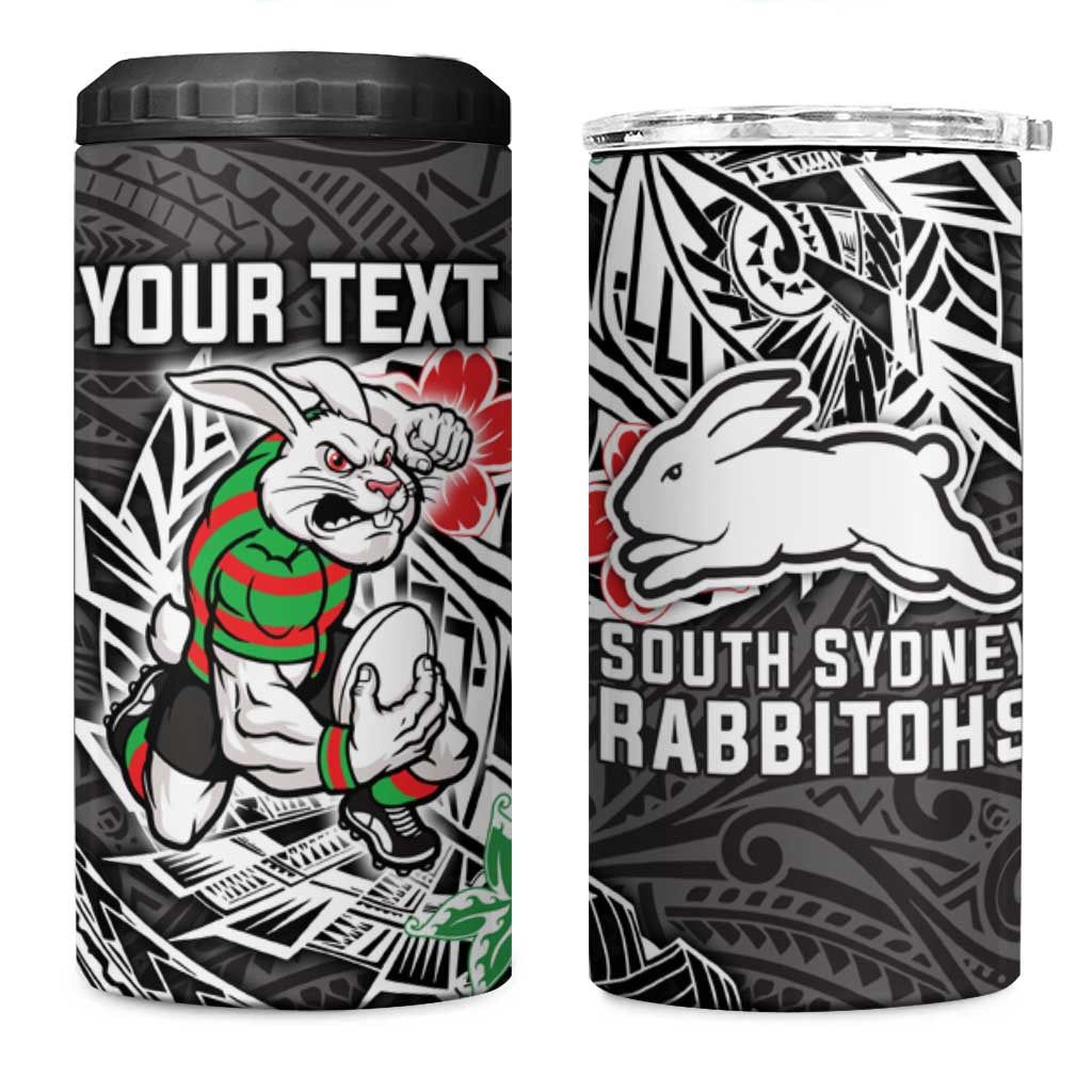 Personalised South Sydney Rabbitohs 4 in 1 Can Cooler Tumbler Polynesian Tribal Pattern With Rugby Rabbit Mascot Art
