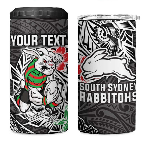 Personalised South Sydney Rabbitohs 4 in 1 Can Cooler Tumbler Polynesian Tribal Pattern With Rugby Rabbit Mascot Art