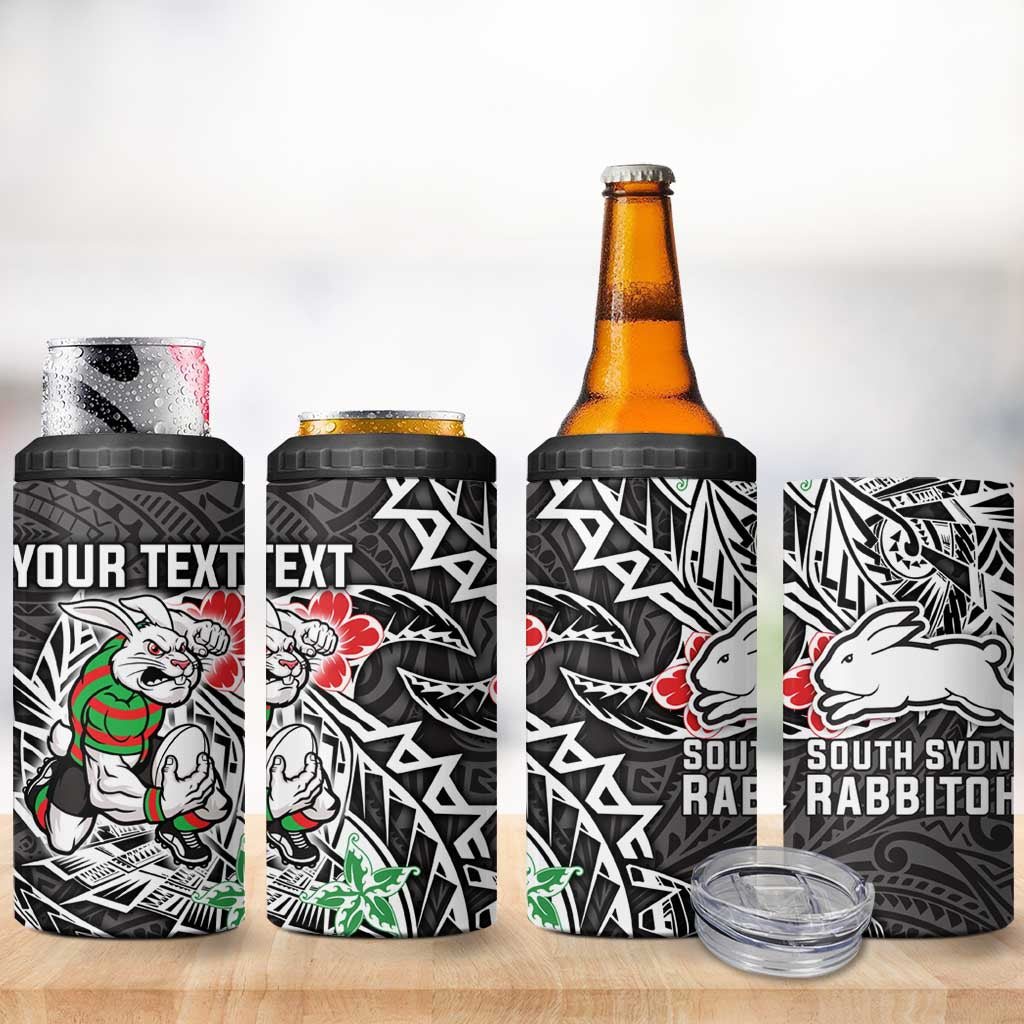 Personalised South Sydney Rabbitohs 4 in 1 Can Cooler Tumbler Polynesian Tribal Pattern With Rugby Rabbit Mascot Art