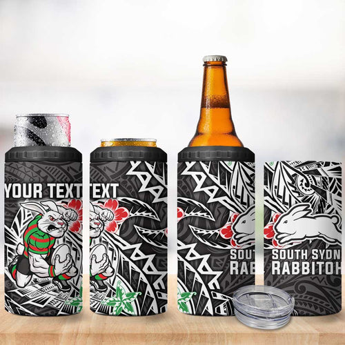 Personalised South Sydney Rabbitohs 4 in 1 Can Cooler Tumbler Polynesian Tribal Pattern With Rugby Rabbit Mascot Art