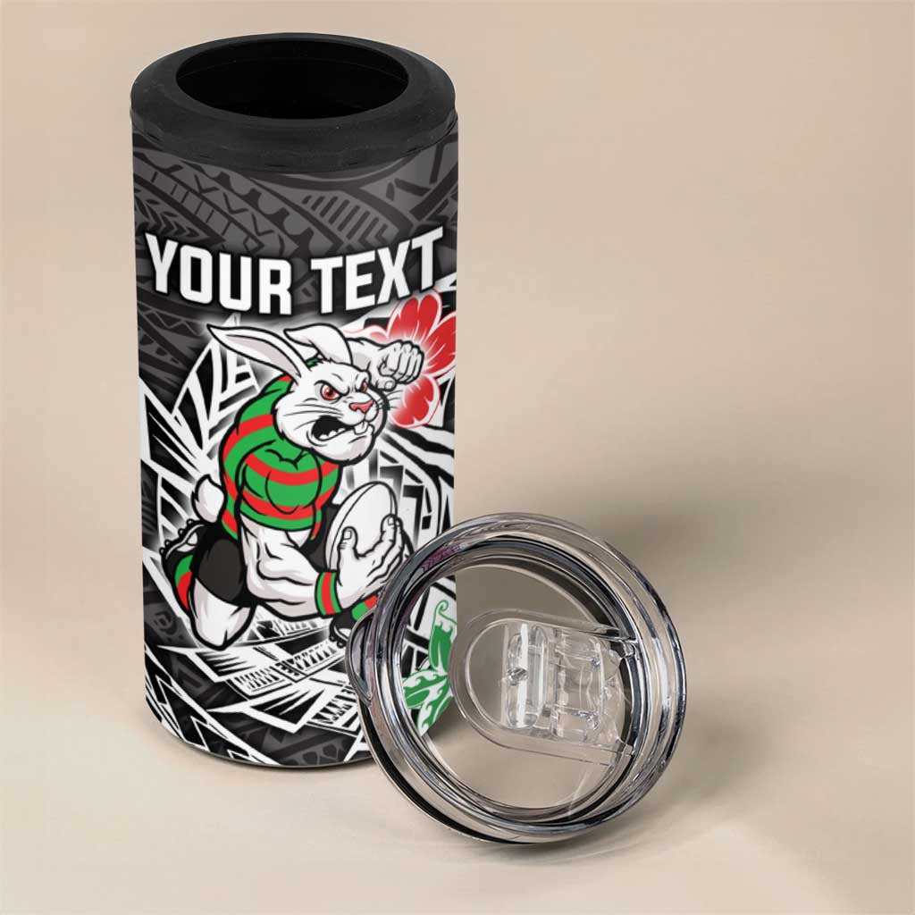 Personalised South Sydney Rabbitohs 4 in 1 Can Cooler Tumbler Polynesian Tribal Pattern With Rugby Rabbit Mascot Art