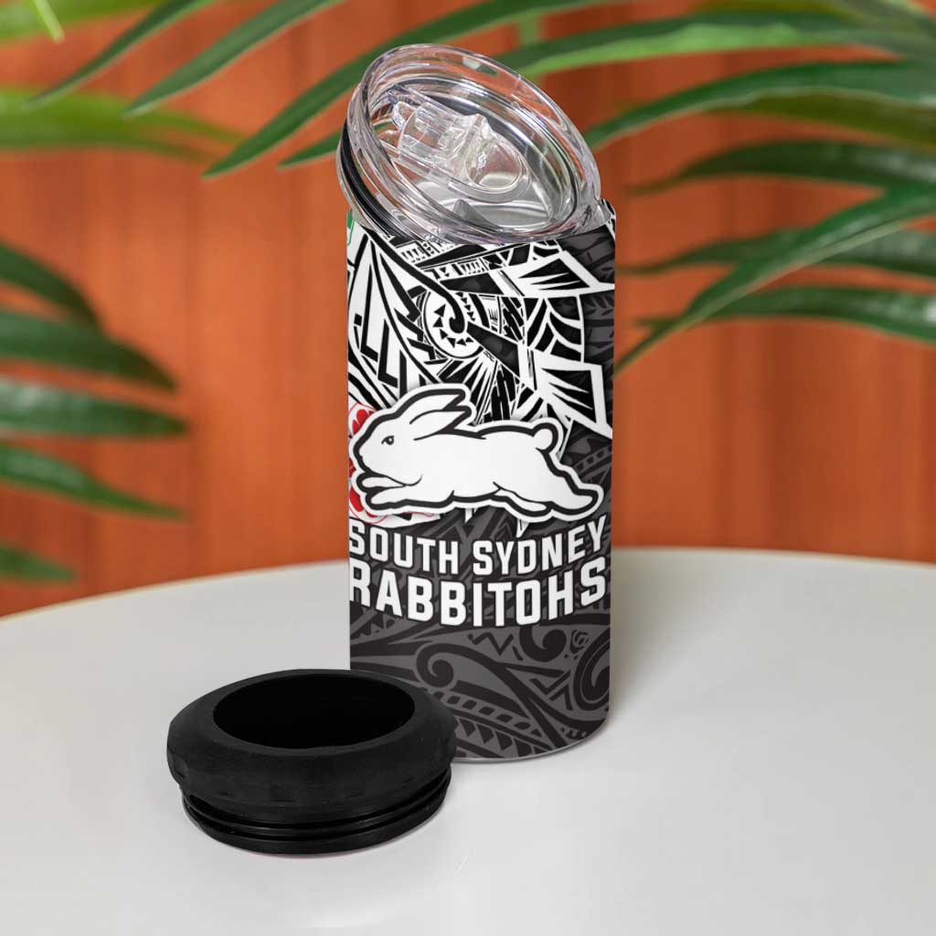 Personalised South Sydney Rabbitohs 4 in 1 Can Cooler Tumbler Polynesian Tribal Pattern With Rugby Rabbit Mascot Art