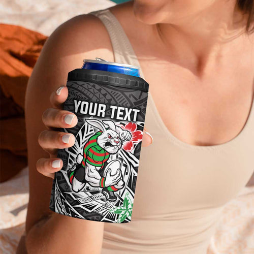 Personalised South Sydney Rabbitohs 4 in 1 Can Cooler Tumbler Polynesian Tribal Pattern With Rugby Rabbit Mascot Art