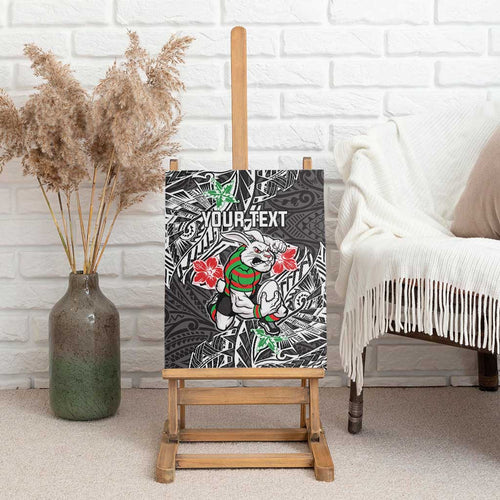 Personalised South Sydney Rabbitohs Canvas Wall Art Polynesian Tribal Pattern With Rugby Rabbit Mascot Art