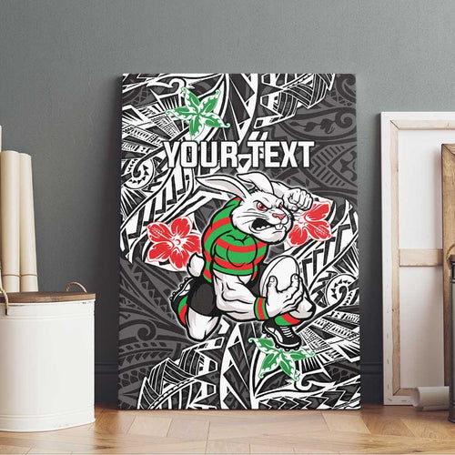 Personalised South Sydney Rabbitohs Canvas Wall Art Polynesian Tribal Pattern With Rugby Rabbit Mascot Art