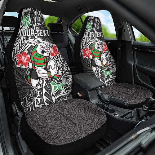 Personalised South Sydney Rabbitohs Car Seat Cover Polynesian Tribal Pattern With Rugby Rabbit Mascot Art