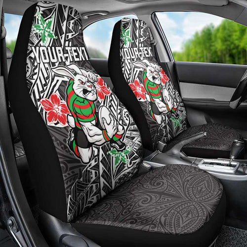 Personalised South Sydney Rabbitohs Car Seat Cover Polynesian Tribal Pattern With Rugby Rabbit Mascot Art