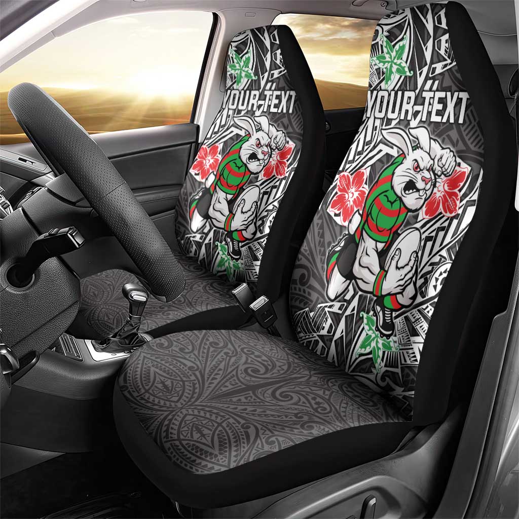 Personalised South Sydney Rabbitohs Car Seat Cover Polynesian Tribal Pattern With Rugby Rabbit Mascot Art
