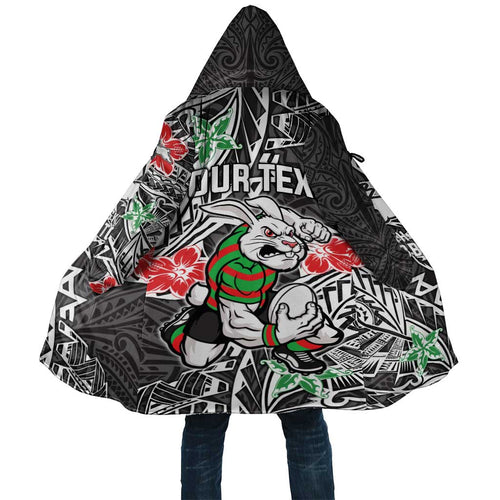 Personalised South Sydney Rabbitohs Cloak Polynesian Tribal Pattern With Rugby Rabbit Mascot Art