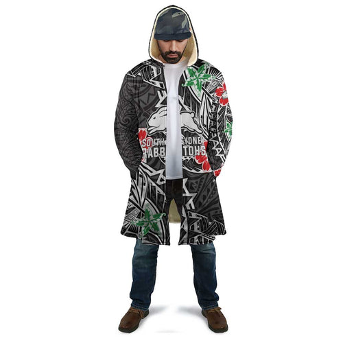 Personalised South Sydney Rabbitohs Cloak Polynesian Tribal Pattern With Rugby Rabbit Mascot Art