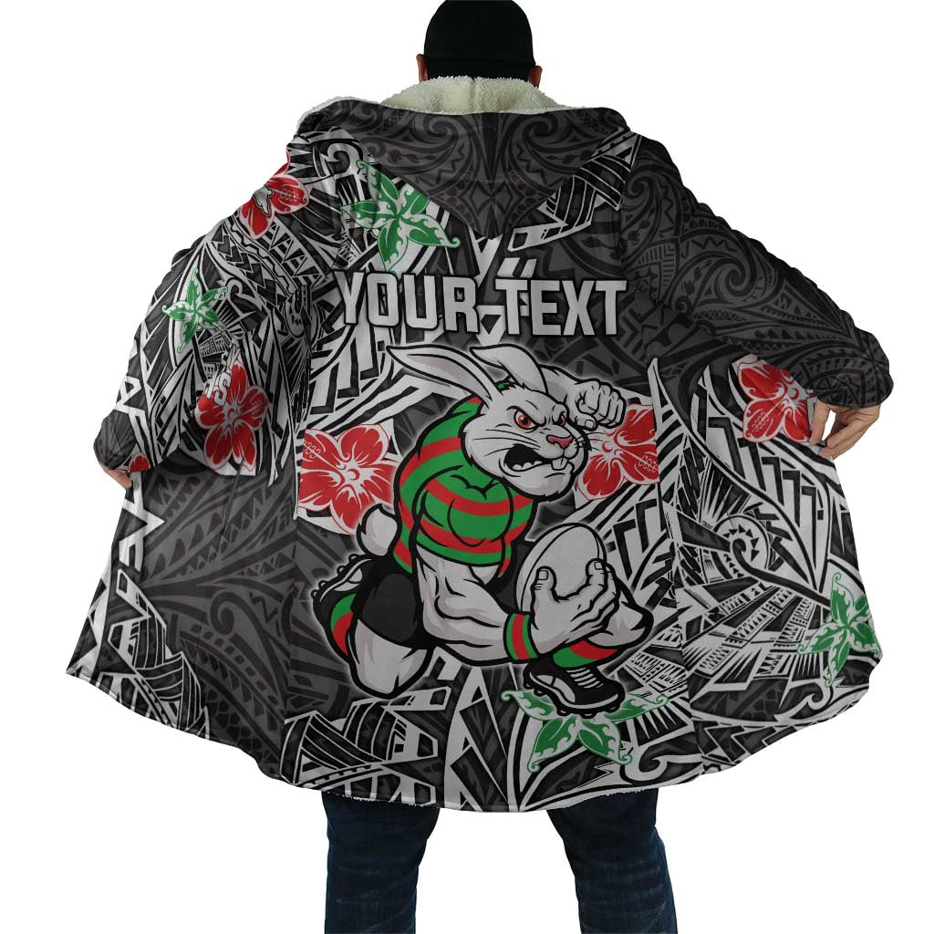 Personalised South Sydney Rabbitohs Cloak Polynesian Tribal Pattern With Rugby Rabbit Mascot Art