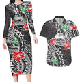 Personalised South Sydney Rabbitohs Couples Matching Long Sleeve Bodycon Dress and Hawaiian Shirt Polynesian Tribal Pattern With Rugby Rabbit Mascot Art