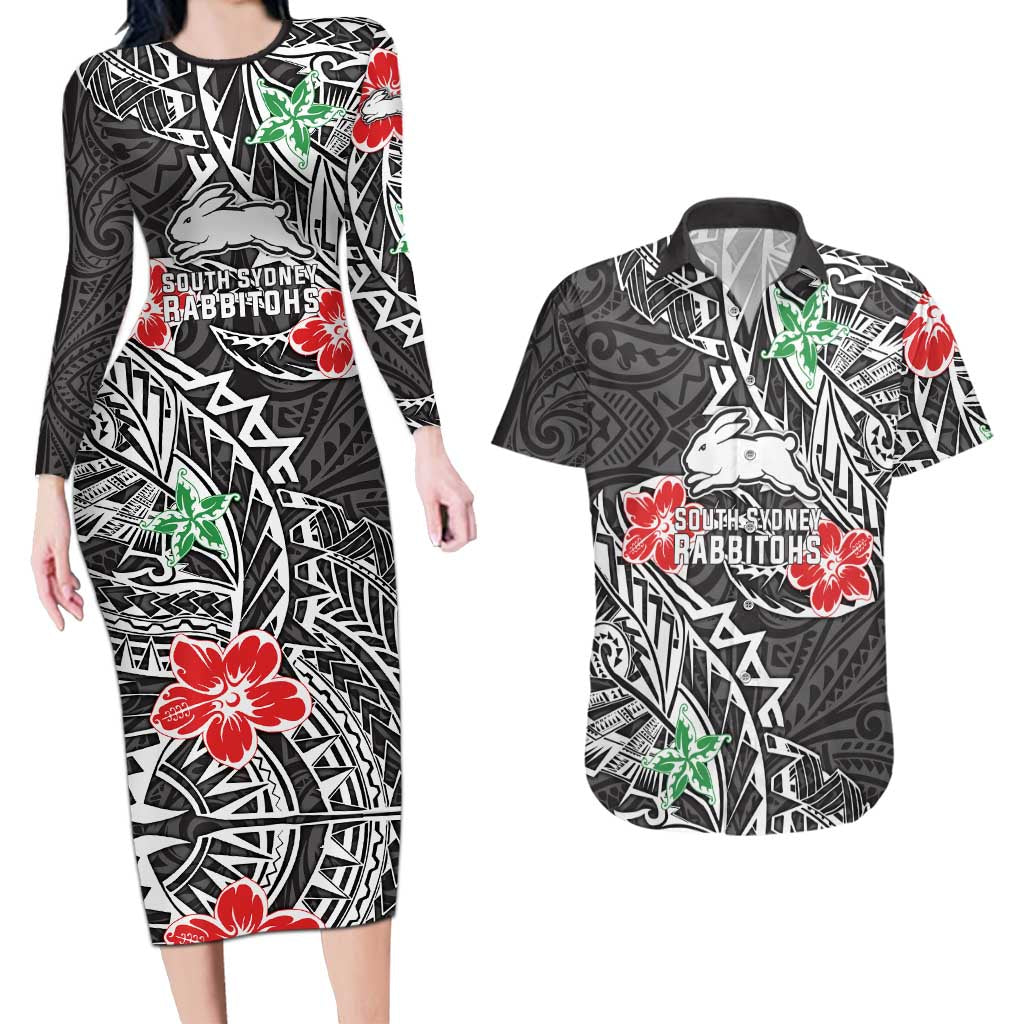 Personalised South Sydney Rabbitohs Couples Matching Long Sleeve Bodycon Dress and Hawaiian Shirt Polynesian Tribal Pattern With Rugby Rabbit Mascot Art
