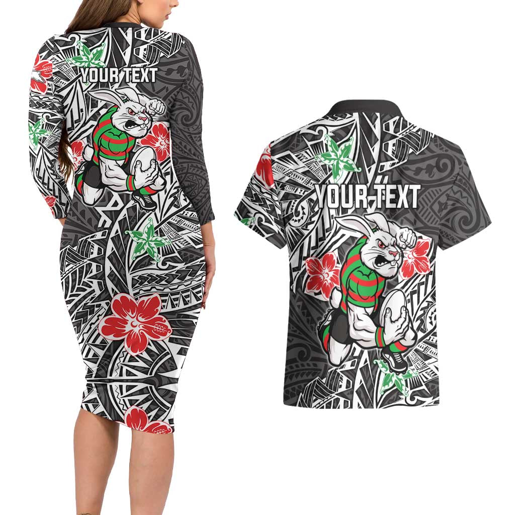 Personalised South Sydney Rabbitohs Couples Matching Long Sleeve Bodycon Dress and Hawaiian Shirt Polynesian Tribal Pattern With Rugby Rabbit Mascot Art