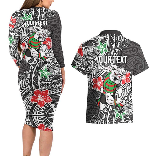 Personalised South Sydney Rabbitohs Couples Matching Long Sleeve Bodycon Dress and Hawaiian Shirt Polynesian Tribal Pattern With Rugby Rabbit Mascot Art