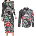 Personalised South Sydney Rabbitohs Couples Matching Long Sleeve Bodycon Dress and Long Sleeve Button Shirt Polynesian Tribal Pattern With Rugby Rabbit Mascot Art
