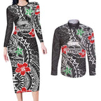 Personalised South Sydney Rabbitohs Couples Matching Long Sleeve Bodycon Dress and Long Sleeve Button Shirt Polynesian Tribal Pattern With Rugby Rabbit Mascot Art