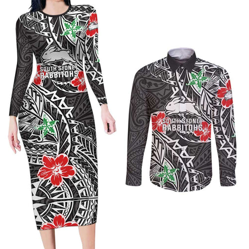 Personalised South Sydney Rabbitohs Couples Matching Long Sleeve Bodycon Dress and Long Sleeve Button Shirt Polynesian Tribal Pattern With Rugby Rabbit Mascot Art