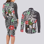 Personalised South Sydney Rabbitohs Couples Matching Long Sleeve Bodycon Dress and Long Sleeve Button Shirt Polynesian Tribal Pattern With Rugby Rabbit Mascot Art