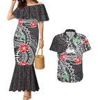 Personalised South Sydney Rabbitohs Couples Matching Mermaid Dress and Hawaiian Shirt Polynesian Tribal Pattern With Rugby Rabbit Mascot Art