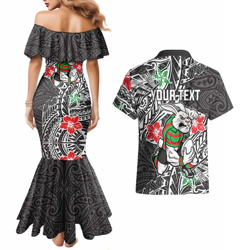 Personalised South Sydney Rabbitohs Couples Matching Mermaid Dress and Hawaiian Shirt Polynesian Tribal Pattern With Rugby Rabbit Mascot Art