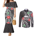 Personalised South Sydney Rabbitohs Couples Matching Mermaid Dress and Long Sleeve Button Shirt Polynesian Tribal Pattern With Rugby Rabbit Mascot Art