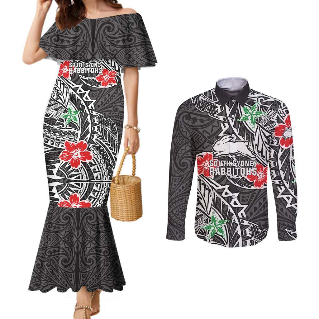 Personalised South Sydney Rabbitohs Couples Matching Mermaid Dress and Long Sleeve Button Shirt Polynesian Tribal Pattern With Rugby Rabbit Mascot Art