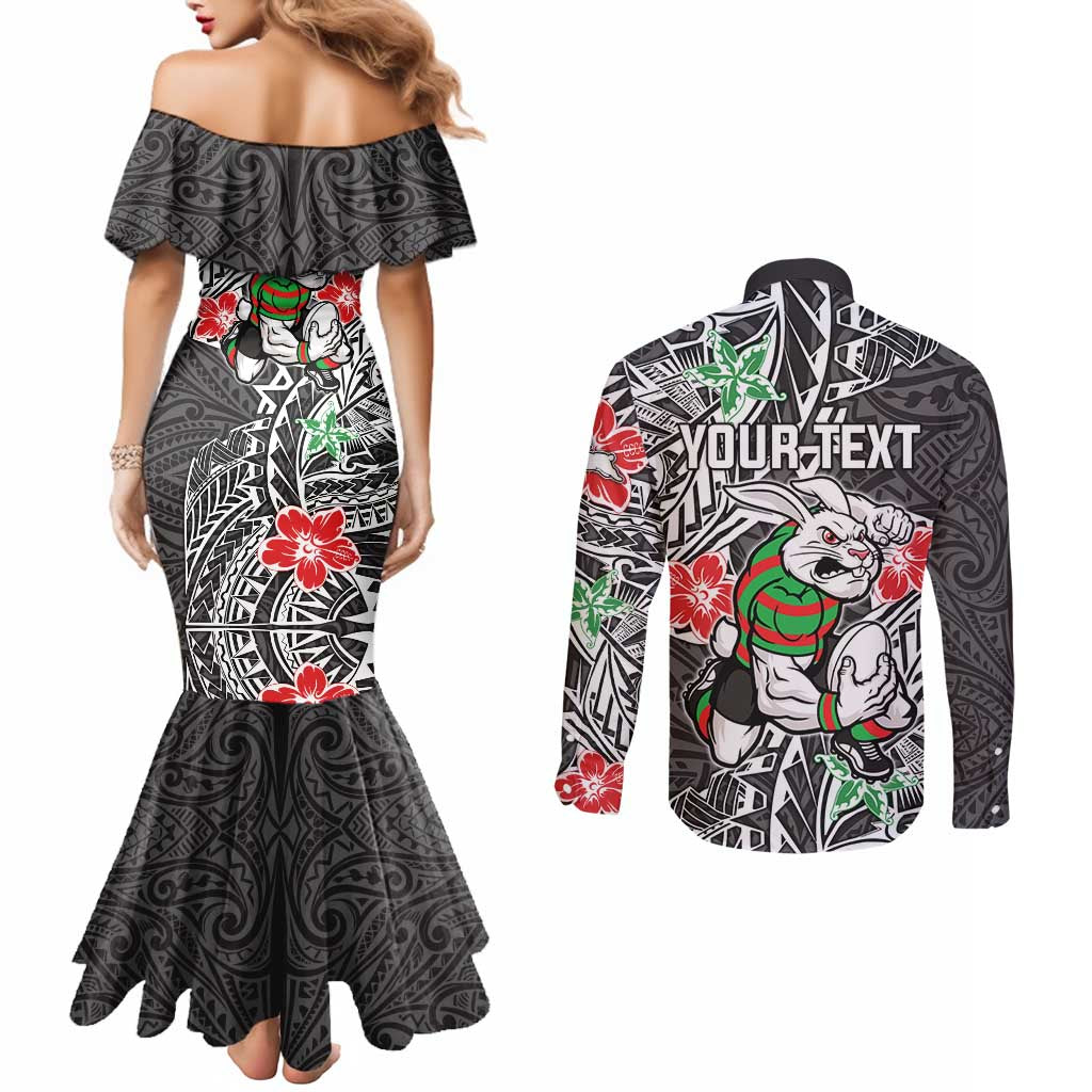 Personalised South Sydney Rabbitohs Couples Matching Mermaid Dress and Long Sleeve Button Shirt Polynesian Tribal Pattern With Rugby Rabbit Mascot Art