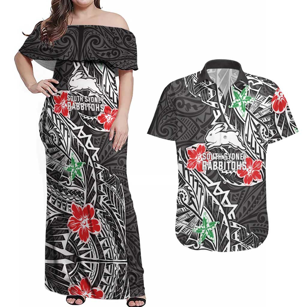 Personalised South Sydney Rabbitohs Couples Matching Off Shoulder Maxi Dress and Hawaiian Shirt Polynesian Tribal Pattern With Rugby Rabbit Mascot Art