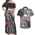 Personalised South Sydney Rabbitohs Couples Matching Off Shoulder Maxi Dress and Hawaiian Shirt Polynesian Tribal Pattern With Rugby Rabbit Mascot Art