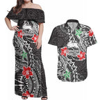 Personalised South Sydney Rabbitohs Couples Matching Off Shoulder Maxi Dress and Hawaiian Shirt Polynesian Tribal Pattern With Rugby Rabbit Mascot Art