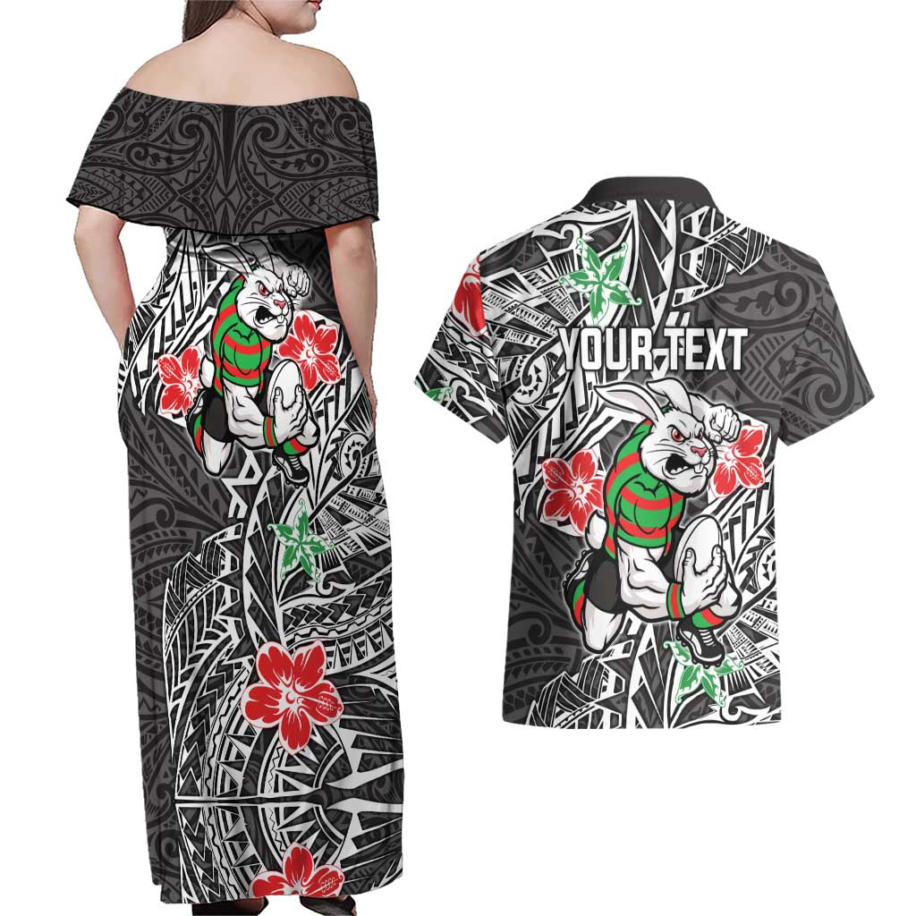 Personalised South Sydney Rabbitohs Couples Matching Off Shoulder Maxi Dress and Hawaiian Shirt Polynesian Tribal Pattern With Rugby Rabbit Mascot Art