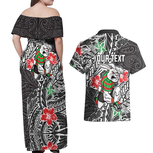 Personalised South Sydney Rabbitohs Couples Matching Off Shoulder Maxi Dress and Hawaiian Shirt Polynesian Tribal Pattern With Rugby Rabbit Mascot Art