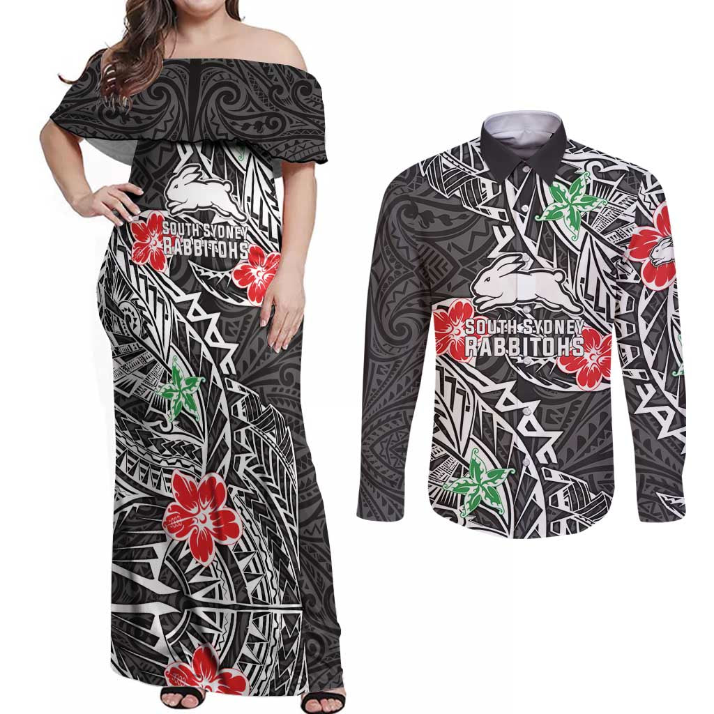 Personalised South Sydney Rabbitohs Couples Matching Off Shoulder Maxi Dress and Long Sleeve Button Shirt Polynesian Tribal Pattern With Rugby Rabbit Mascot Art