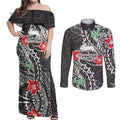 Personalised South Sydney Rabbitohs Couples Matching Off Shoulder Maxi Dress and Long Sleeve Button Shirt Polynesian Tribal Pattern With Rugby Rabbit Mascot Art