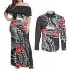 Personalised South Sydney Rabbitohs Couples Matching Off Shoulder Maxi Dress and Long Sleeve Button Shirt Polynesian Tribal Pattern With Rugby Rabbit Mascot Art