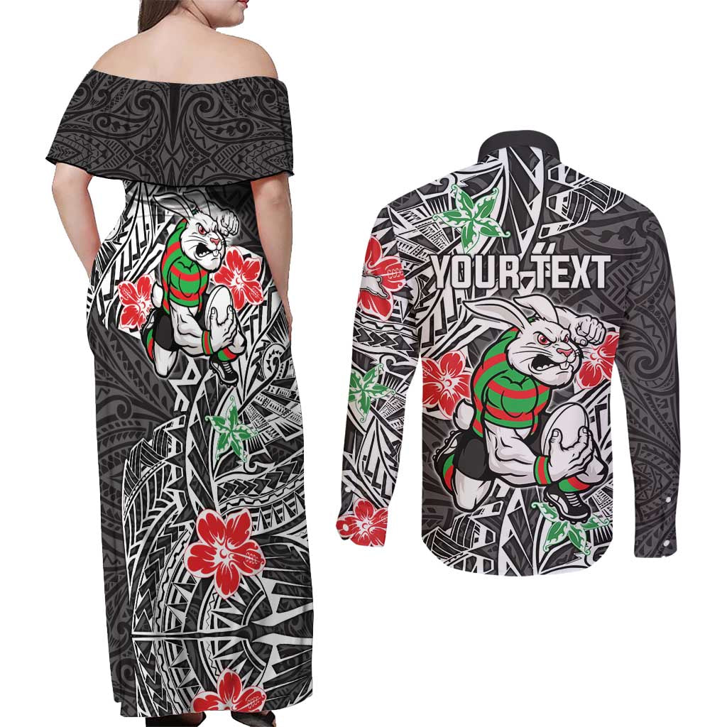 Personalised South Sydney Rabbitohs Couples Matching Off Shoulder Maxi Dress and Long Sleeve Button Shirt Polynesian Tribal Pattern With Rugby Rabbit Mascot Art