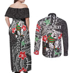 Personalised South Sydney Rabbitohs Couples Matching Off Shoulder Maxi Dress and Long Sleeve Button Shirt Polynesian Tribal Pattern With Rugby Rabbit Mascot Art