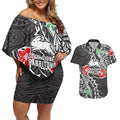 Personalised South Sydney Rabbitohs Couples Matching Off Shoulder Short Dress and Hawaiian Shirt Polynesian Tribal Pattern With Rugby Rabbit Mascot Art