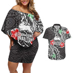 Personalised South Sydney Rabbitohs Couples Matching Off Shoulder Short Dress and Hawaiian Shirt Polynesian Tribal Pattern With Rugby Rabbit Mascot Art
