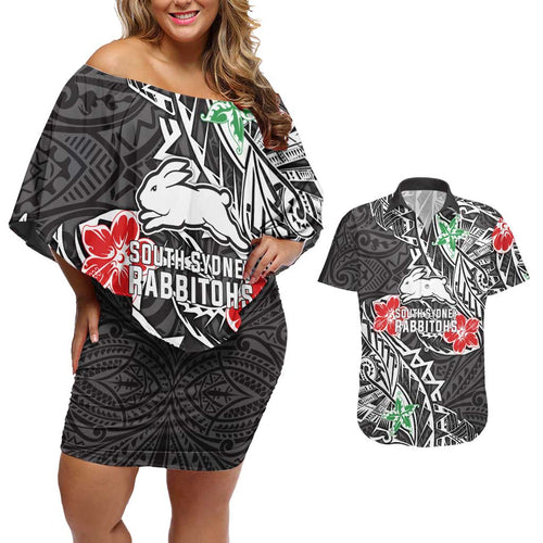 Personalised South Sydney Rabbitohs Couples Matching Off Shoulder Short Dress and Hawaiian Shirt Polynesian Tribal Pattern With Rugby Rabbit Mascot Art